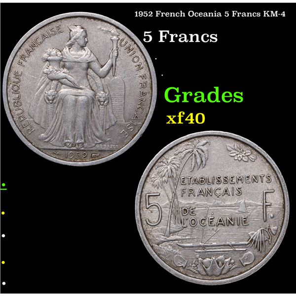 1952 French Oceania 5 Francs KM-4 Grades xf