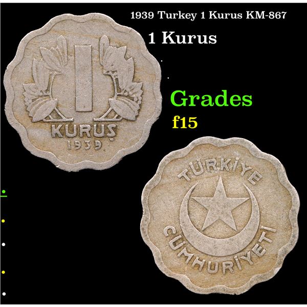 1939 Turkey 1 Kurus KM-867 Grades f+