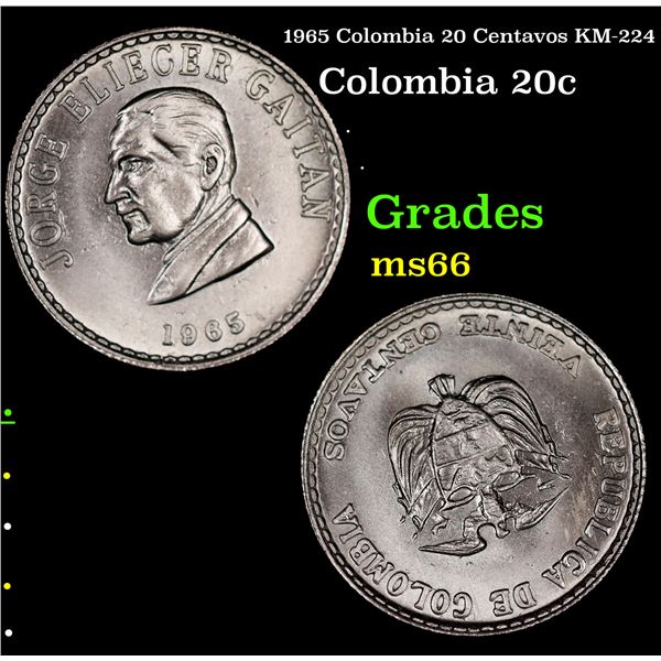 1965 Colombia 20 Centavos KM-224 Grades GEM+ Unc