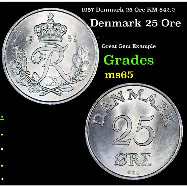 1957 Denmark 25 Ore KM-842.2 Grades GEM Unc