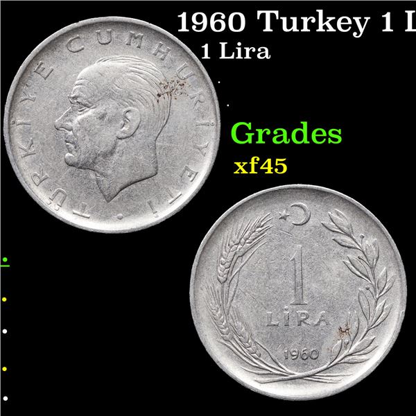 1960 Turkey 1 Lira KM-889a.1 Grades xf+