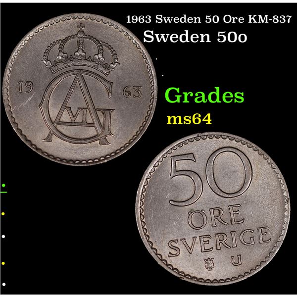 1963 Sweden 50 Ore KM-837 Grades Choice Unc