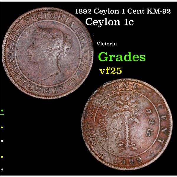1892 Ceylon 1 Cent KM-92 Grades vf+