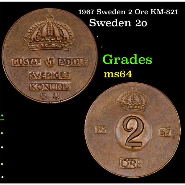 1967 Sweden 2 Ore KM-821 Grades Choice Unc