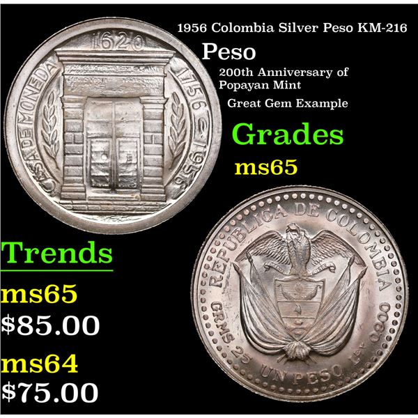 1956 Colombia Silver Peso KM-216 Grades GEM Unc