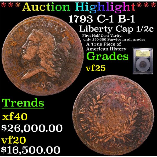***Auction Highlight*** 1793 Liberty Cap half cent C-1 B-1 1/2c Graded vf+ By USCG (fc)