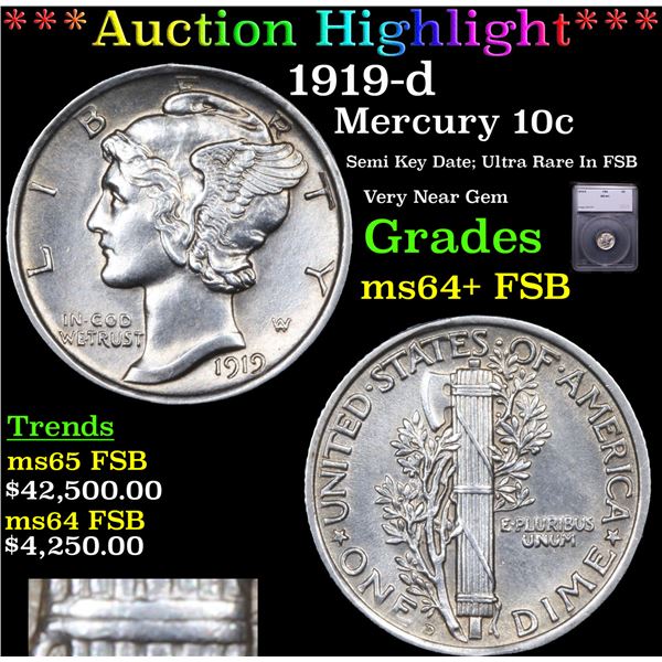 ***Auction Highlight*** 1919-d Mercury Dime 10c Graded ms64+ FSB BY SEGS (fc)