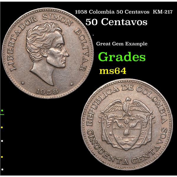 1958 Colombia 50 Centavos  KM-217 Grades Choice Unc