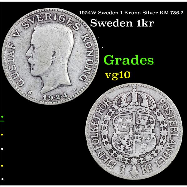 1924W Sweden 1 Krona Silver KM-786.2 Grades vg+