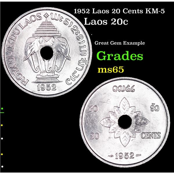 1952 Laos 20 Cents KM-5 Grades GEM Unc