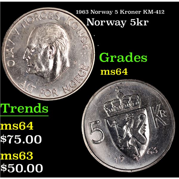 1963 Norway 5 Kroner KM-412 Grades Choice Unc