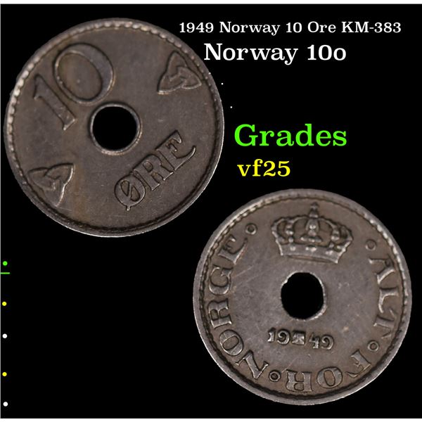 1949 Norway 10 Ore KM-383 Grades vf+
