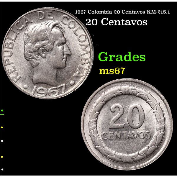 1965 Colombia 20 Centavos KM-215.1 Grades GEM++ Unc