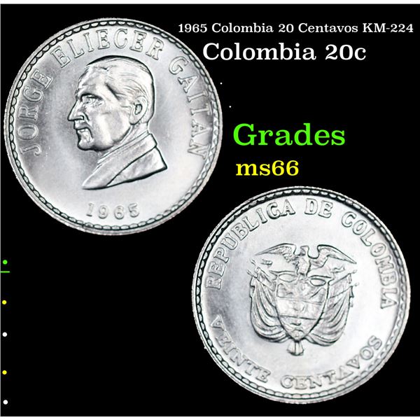 1965 Colombia 20 Centavos KM-224 Grades GEM+ Unc
