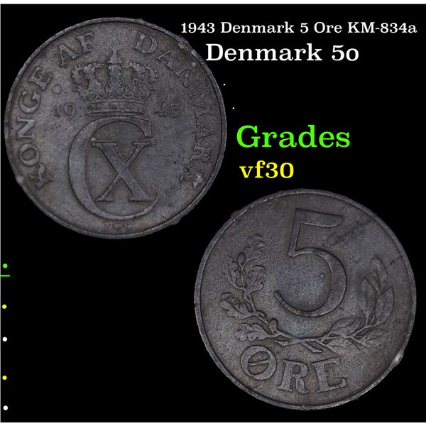 1943 Denmark 5 Ore KM-834a Grades vf++
