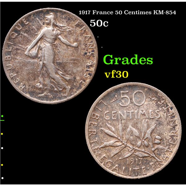 1917 France 50 Centimes KM-854 Grades vf++