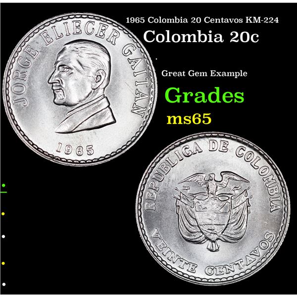 1965 Colombia 20 Centavos KM-224 Grades GEM Unc
