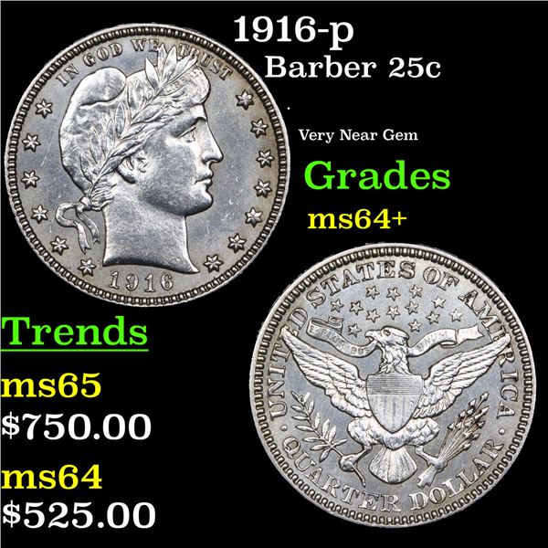 1916-p Barber Quarter 25c Grades Choice+ Unc