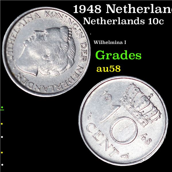 1948 Netherlands 10 Cents KM-177 Grades Choice AU/BU Slider