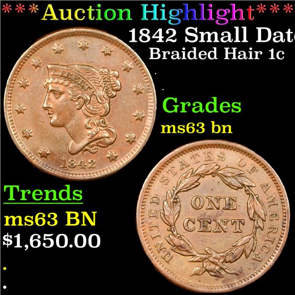 ***Auction Highlight*** 1842 Small Date Braided Hair Large Cent 1c Graded ms63 bn BY SEGS (fc)