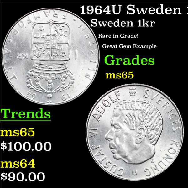 1964U Sweden 1 Krona Silver KM-826 Grades GEM Unc