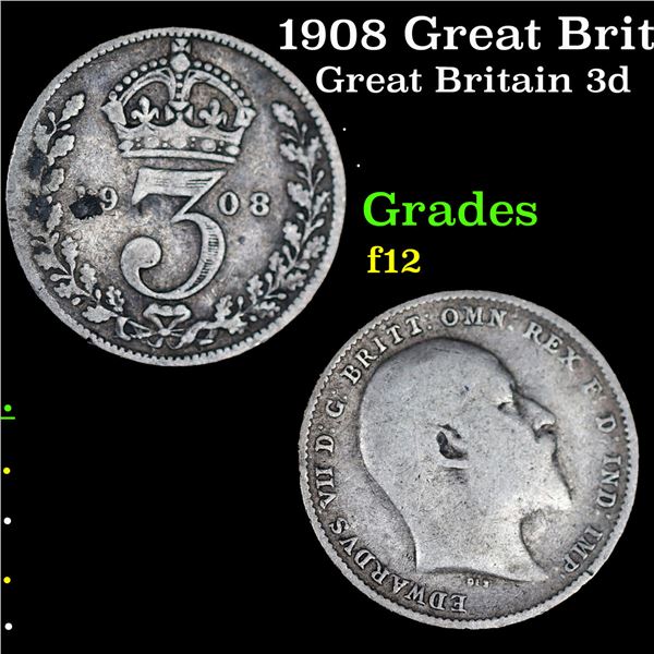 1908 Great Britain 3 Pence Threepence Silver KM-797.2 Grades f, fine
