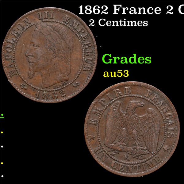 1862 France 2 Centimes KM-796.4 Grades Select AU