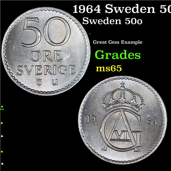 1964 Sweden 50 Ore KM-837 Grades GEM Unc