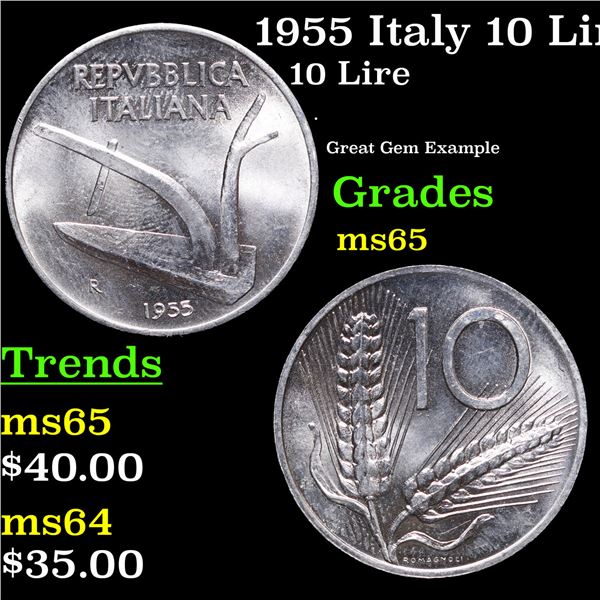 1955 Italy 10 Lire KM-93 Grades GEM Unc
