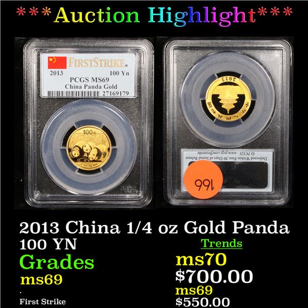 ***Auction Highlight*** PCGS 2013 China 1/4 oz Gold Panda 100 Yn Graded ms69 By PCGS (fc)