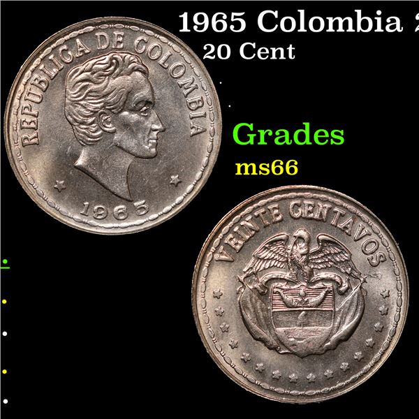 1965 Colombia 20 Centavos KM-224 Grades GEM+ Unc
