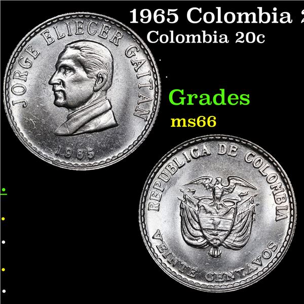 1965 Colombia 20 Centavos KM-224 Grades GEM+ Unc