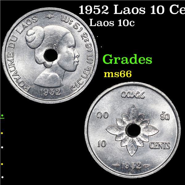 1952 Laos 10 Cents KM-4 Grades GEM+ Unc
