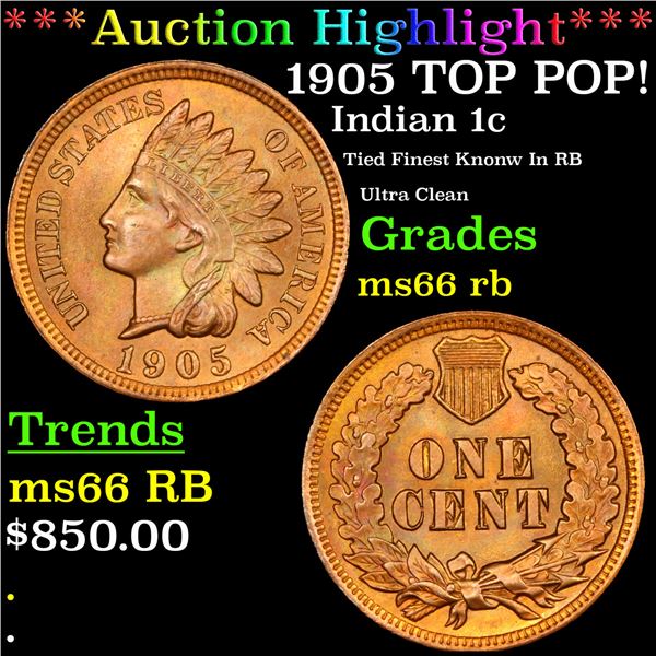 ***Auction Highlight*** 1905 Indian Cent TOP POP! 1c Graded ms66 rb BY SEGS (fc)