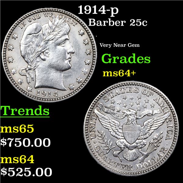 1914-p Barber Quarter 25c Grades Choice+ Unc