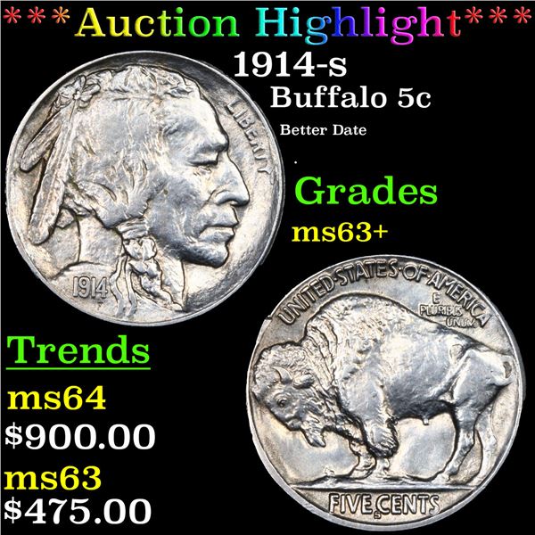 ***Auction Highlight*** 1914-s Buffalo Nickel 5c Graded ms63+ BY SEGS (fc)