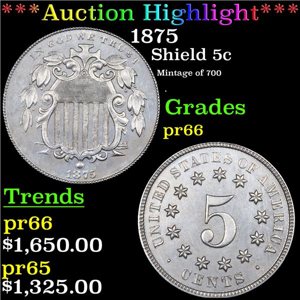 Proof ***Auction Highlight*** 1875 Shield Nickel 5c Graded pr66 BY SEGS (fc)