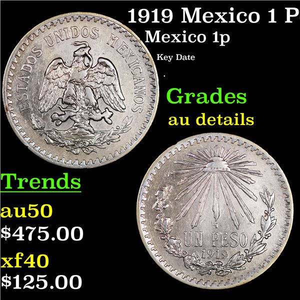 1919 Mexico 1 Peso Silver KM-454 Grades AU Details