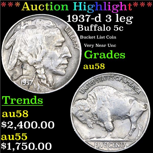 ***Auction Highlight*** 1937-d 3 leg Buffalo Nickel 5c Graded au58 BY SEGS (fc)