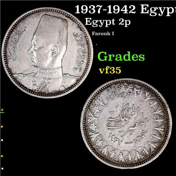 1937-1942 Egypt 2 Piastres KM-365 Grades vf++