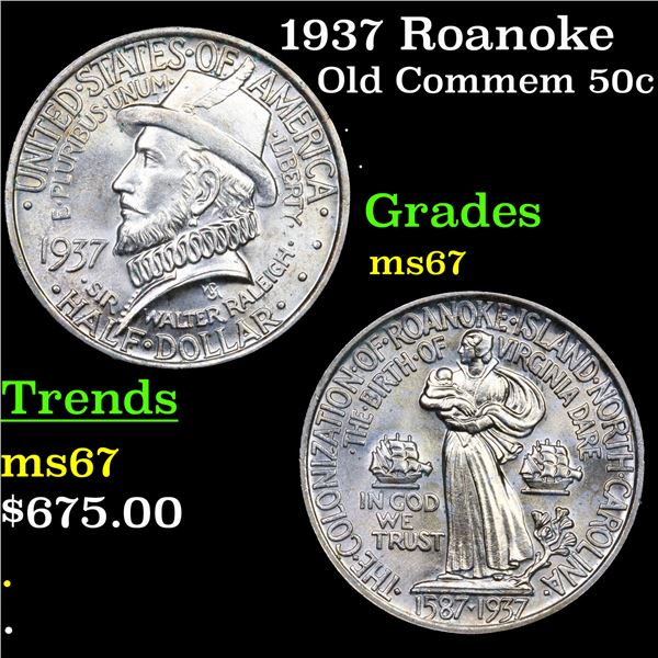 1937 Roanoke Old Commem Half Dollar 50c Graded ms67 BY SEGS