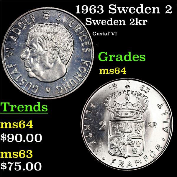 1963 Sweden 2 Kronor Silver KM-827 Grades Choice Unc