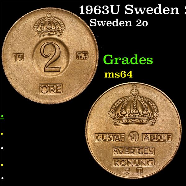 1963U Sweden 2 Ore KM-821 Grades Choice Unc