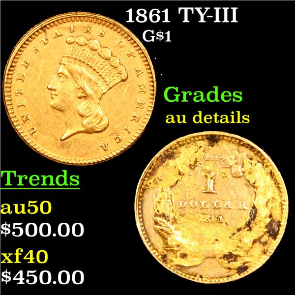 1861 Gold Dollar TY-III $1 Grades AU Details