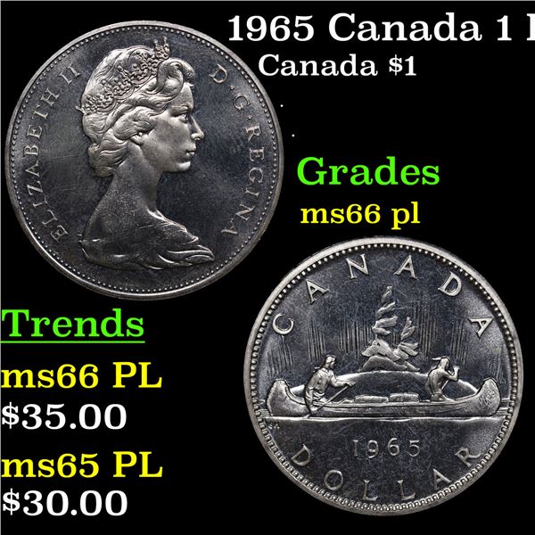 1965 Canada 1 Dollar Silver (Small Beads Pointed 5) Canada Dollar KM-64.1 $1 Grades GEM+ UNC PL