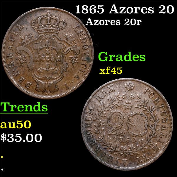 1865 Azores 20 Reis KM-15 Grades xf+