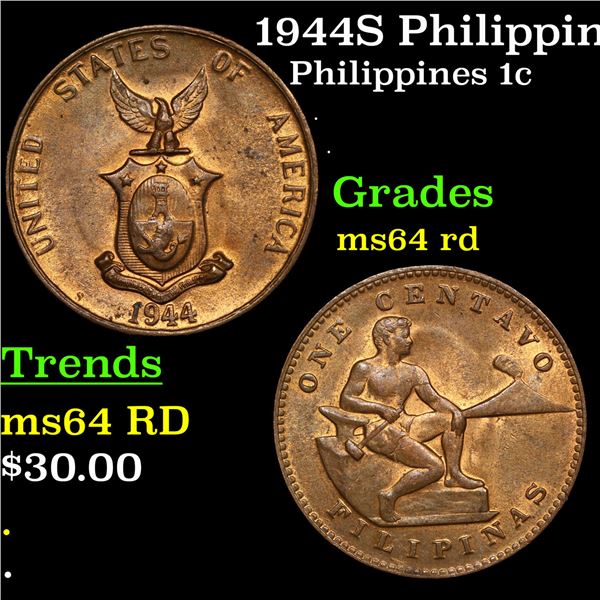 1944S Philippines 1 Centavo KM-179 Grades Choice Unc RD