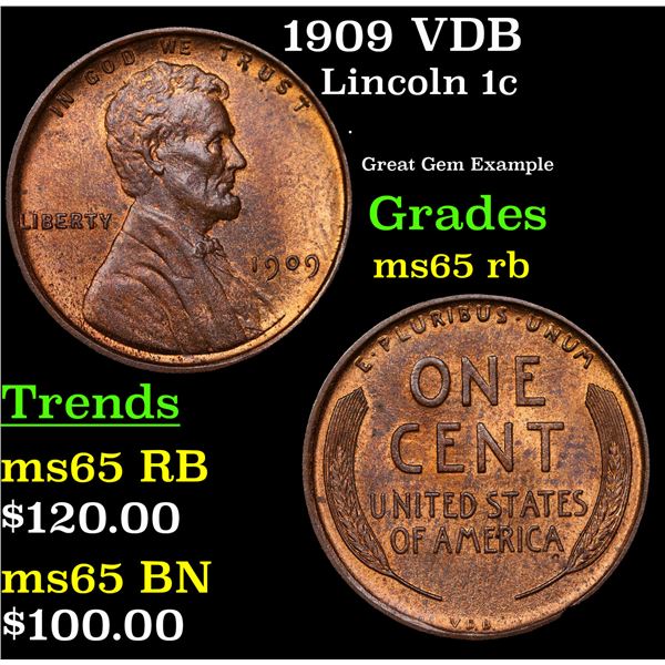 1909 VDB Lincoln Cent 1c Grades GEM Unc RB