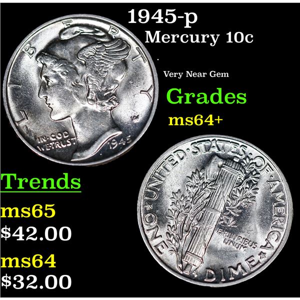 1945-p Mercury Dime 10c Grades Choice+ Unc