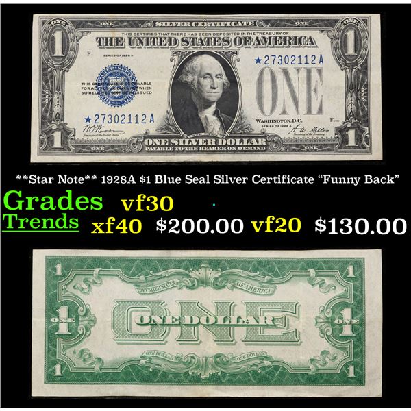 **Star Note** 1928A $1 Blue Seal Silver Certificate "Funny Back" Grades vf++